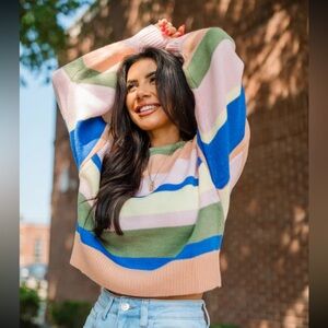 LELIS from Pink Lily NWT Olive Multi Striped Cropped Sweater Sz XS